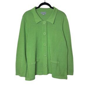 Amber Sun Green Button-Up Knit Cardigan Woman's Medium 100% cotton w/ pockets